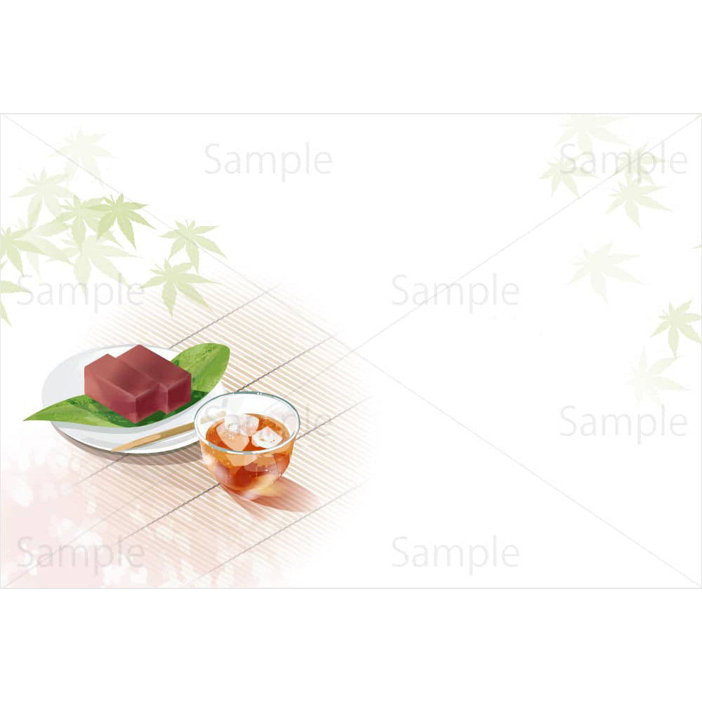 麦茶と水ようかんと青紅葉のイラスト素材