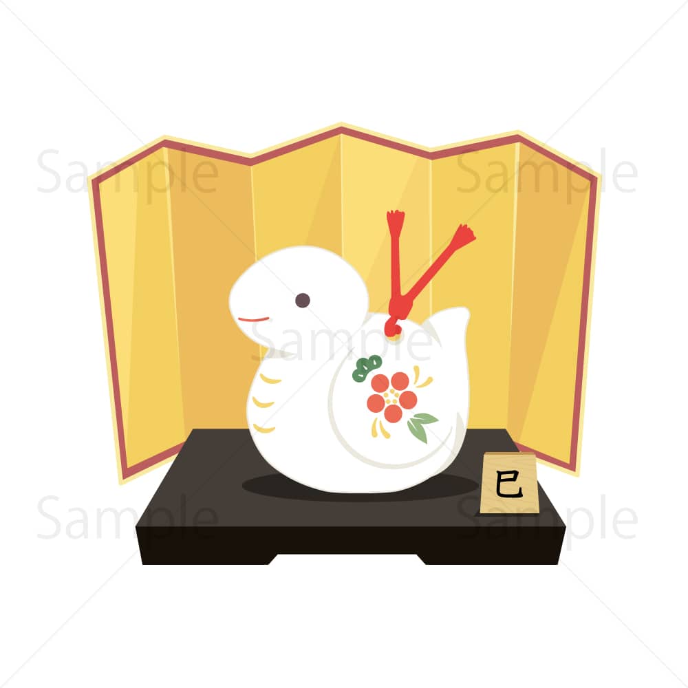 金屏風に巳の置物(白)のイラスト素材