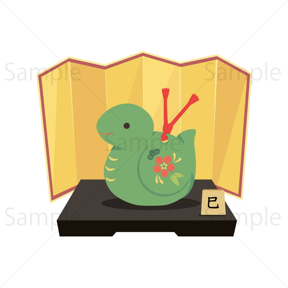 金屏風に巳の置物(緑)のイラスト素材