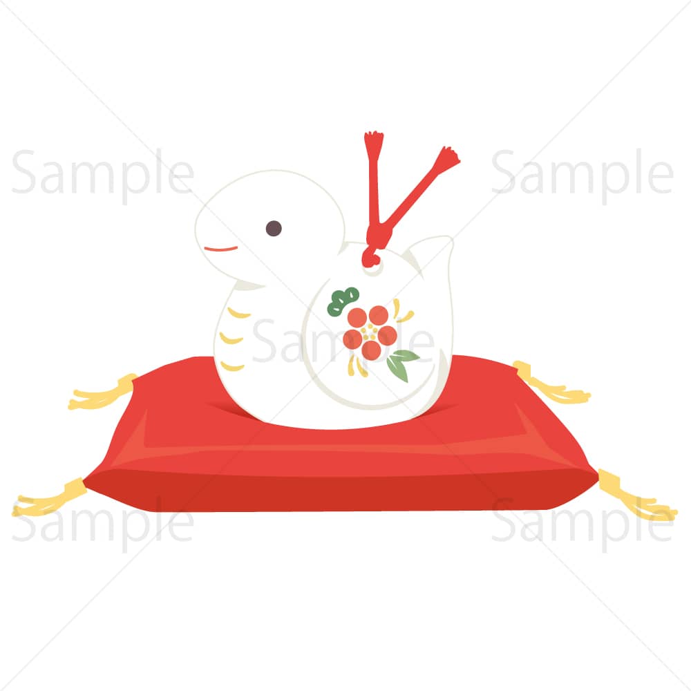 赤座布団に巳の置物(白)のイラスト素材