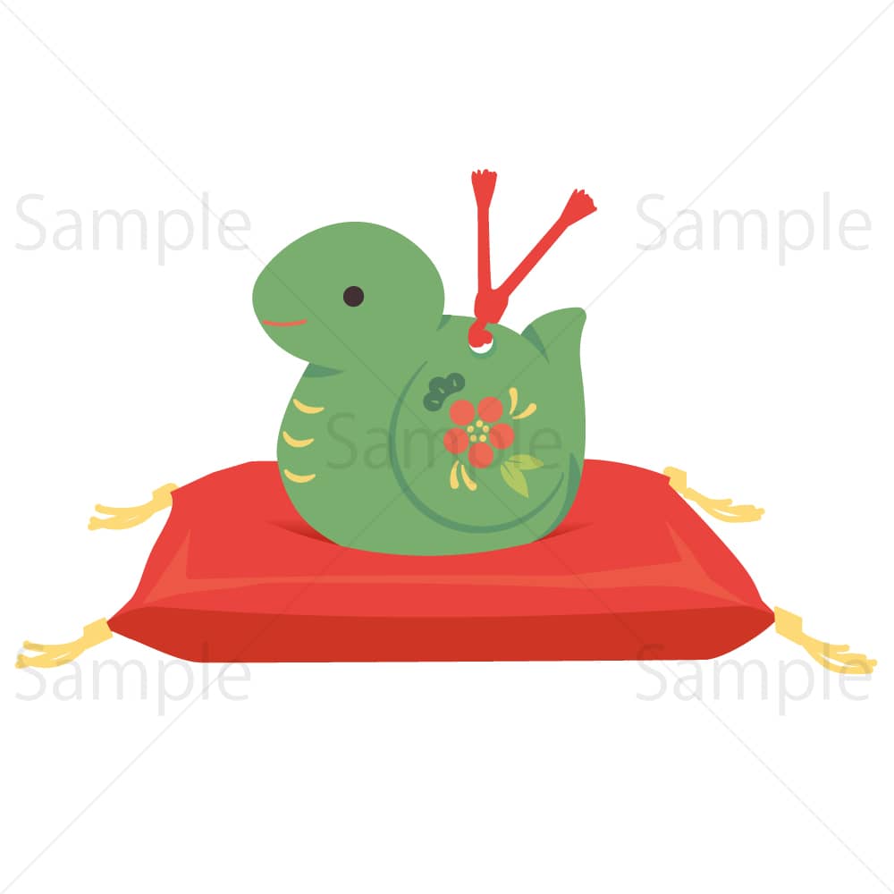 赤座布団に巳の置物(緑)のイラスト素材