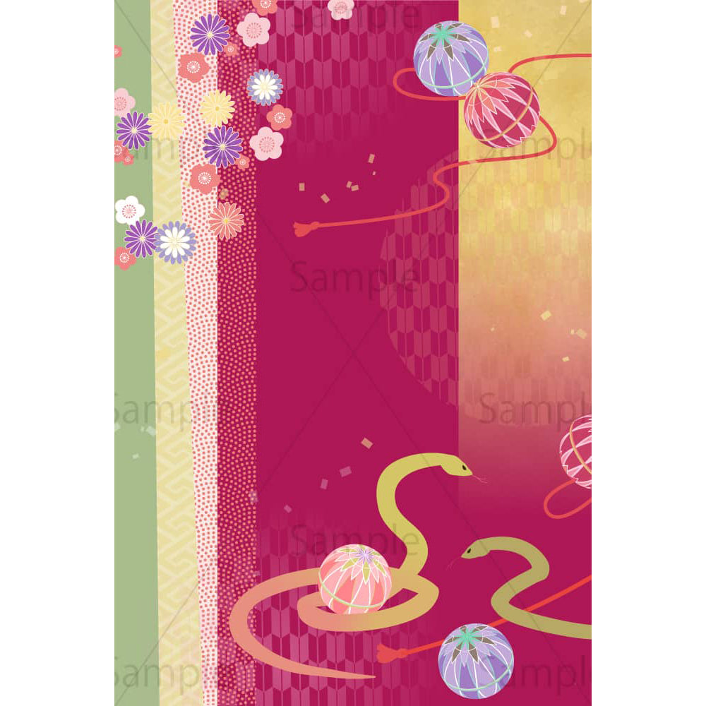 手毬で遊ぶ蛇(赤背景)