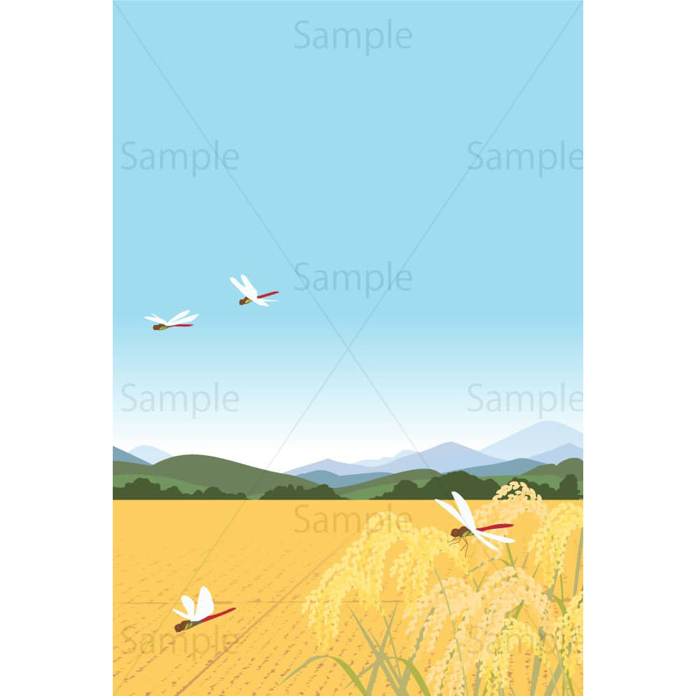 秋の稲田と赤トンボ(縦)のイラスト素材|素材ごよみ - 季節のイラスト素材販売サイト