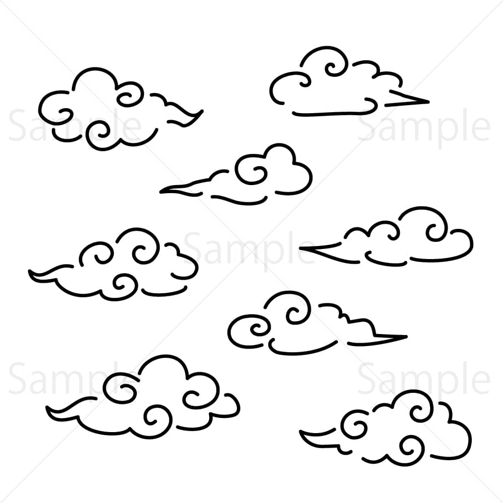 中華風の伝統雲(切れ目あり線画)のイラスト素材