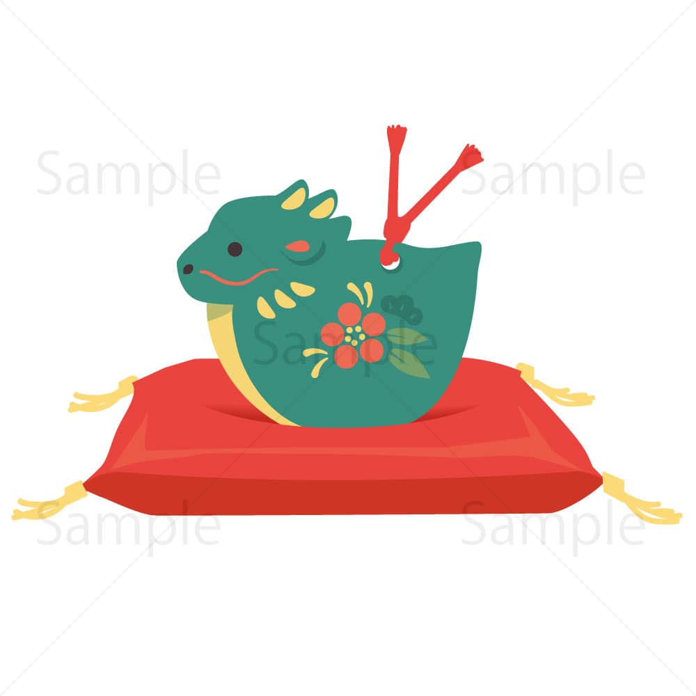 赤座布団に辰の置物(緑)のイラスト素材