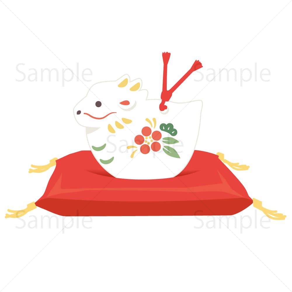 赤座布団に辰の置物(白)のイラスト素材