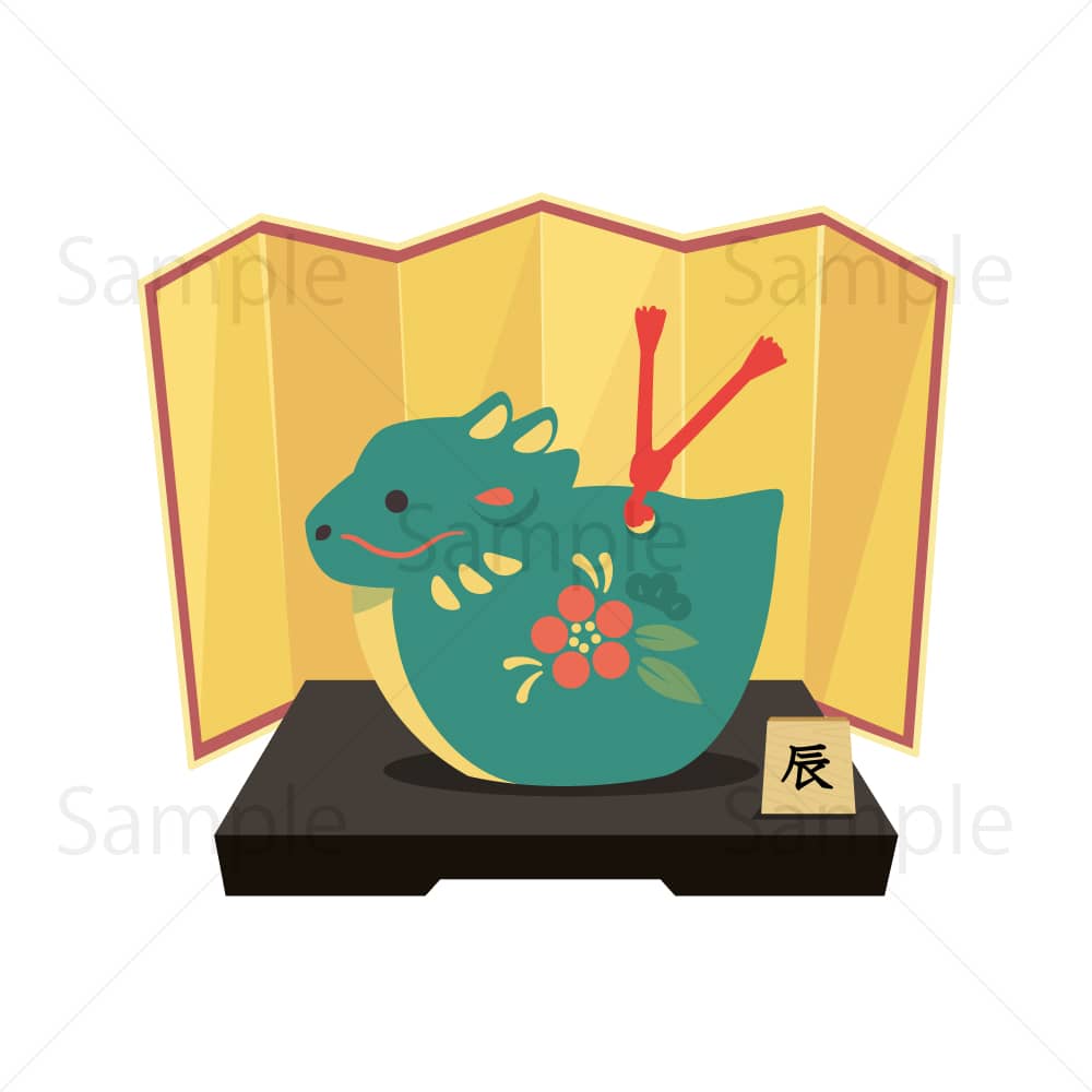金屏風に辰の置物(緑)のイラスト素材