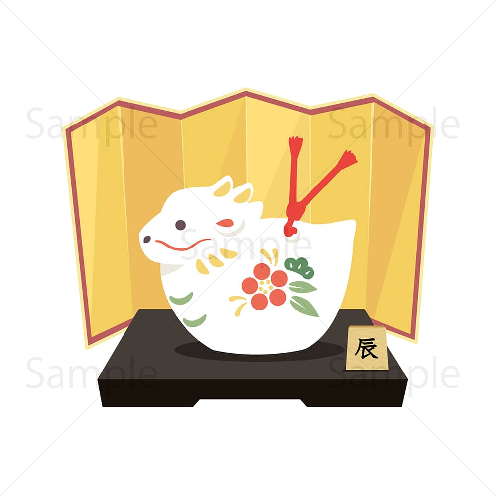 金屏風に辰の置物(白)のイラスト素材