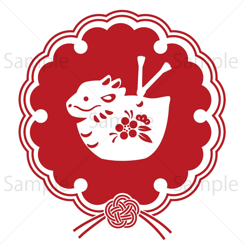 水引の雪の輪文様に辰の置き物のイラスト素材