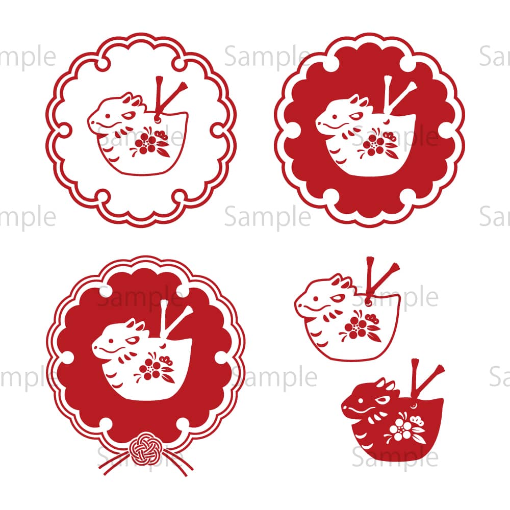 雪の輪文様と辰の置き物いろいろのイラスト素材