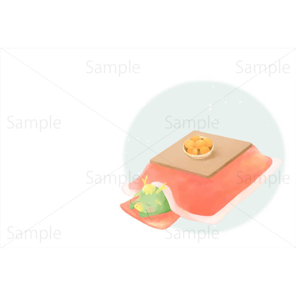 こたつでうたた寝をする辰(水彩風・横)のイラスト素材