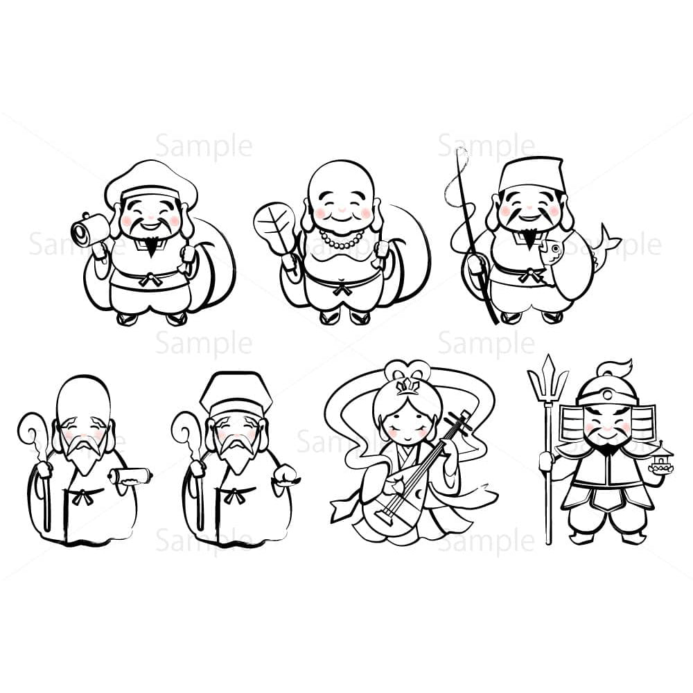 七福神(墨絵風)のイラスト素材