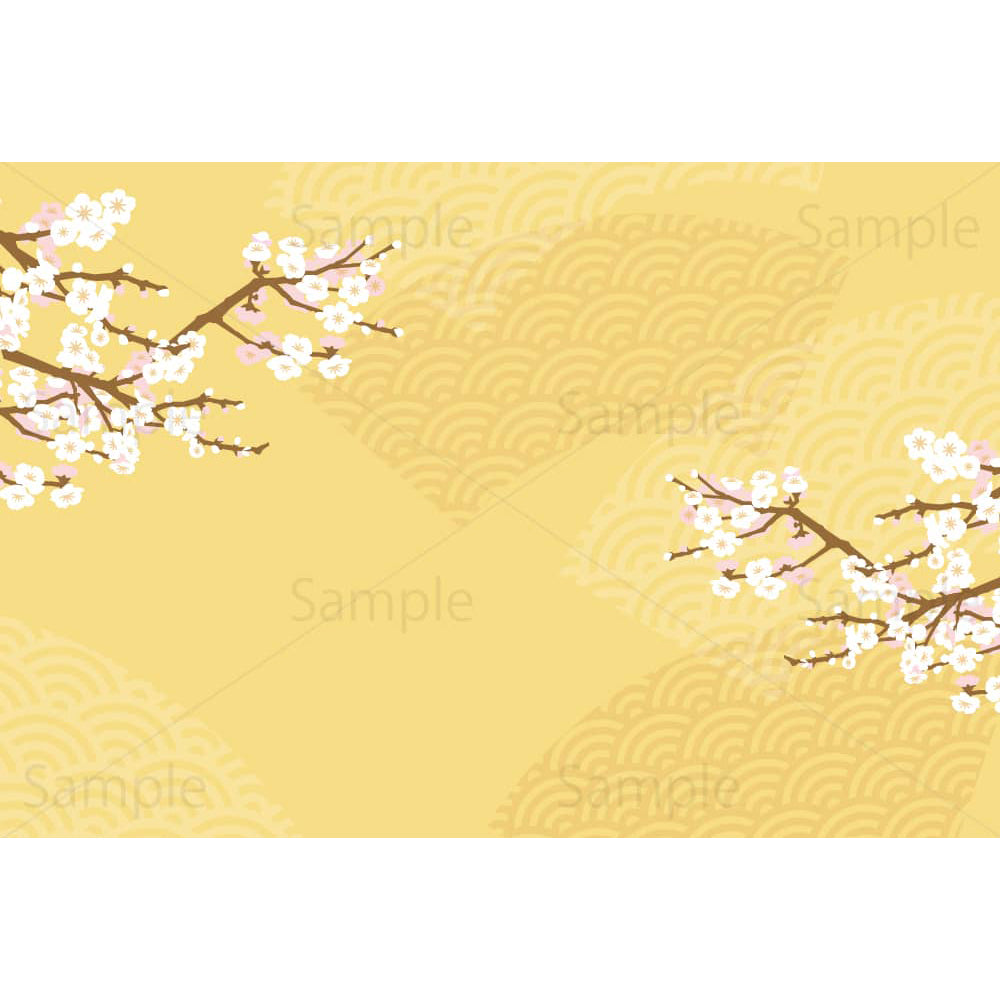 白梅と青海波の金色背景のイラスト素材