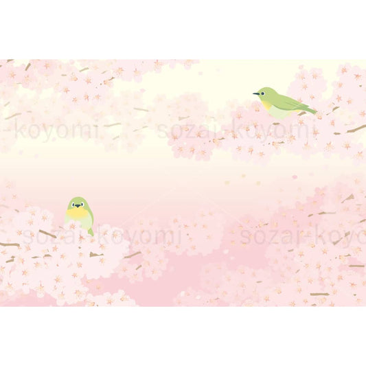 桜と2羽のメジロ(横)のイラスト素材