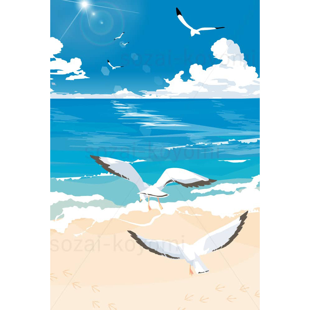海辺を飛び立つ海鳥の群れのイラスト素材