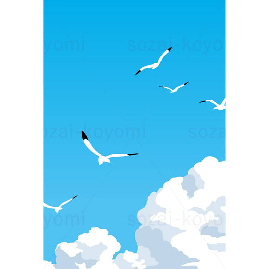 夏空を飛ぶカモメと入道雲のイラスト素材