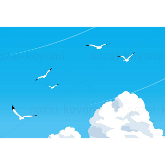 夏空を飛ぶカモメと入道雲のイラスト素材
