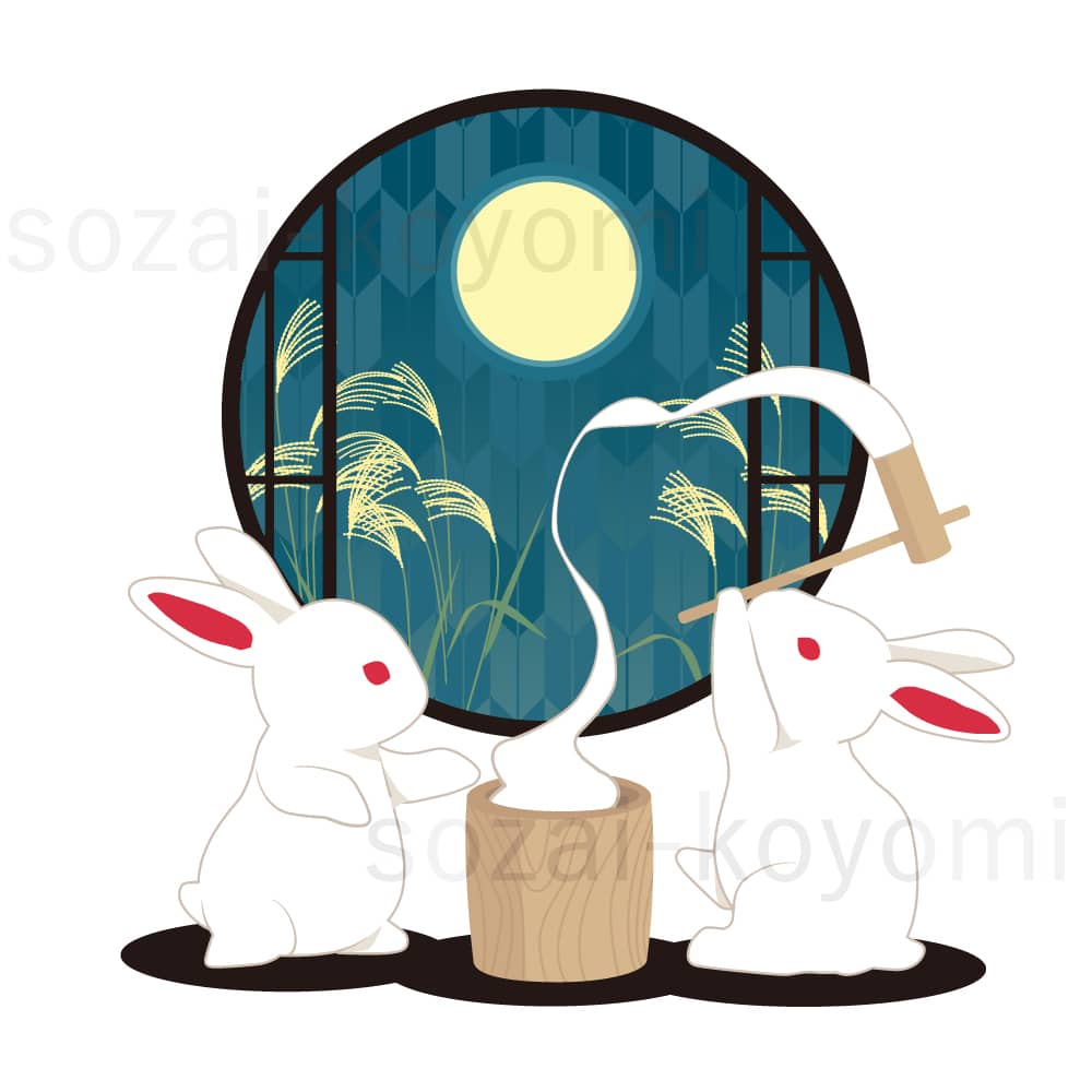 十五夜に餅をつくウサギ(丸窓)のイラスト素材