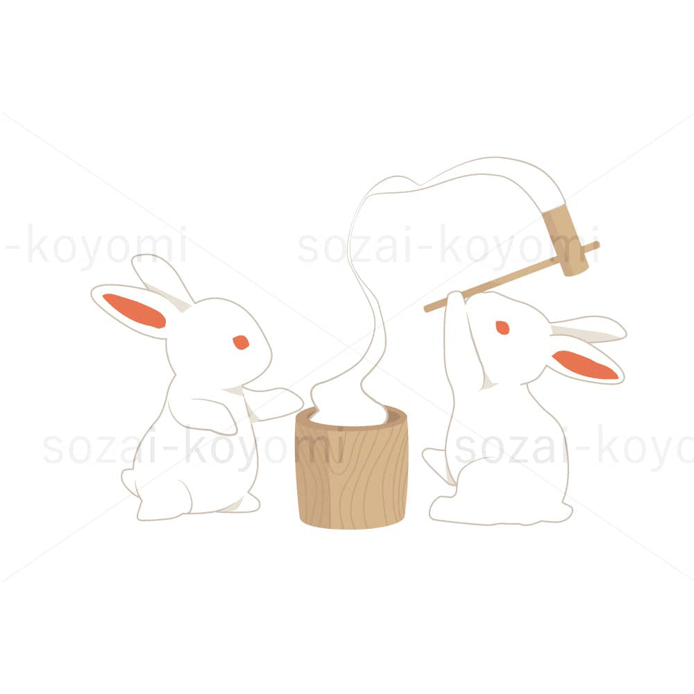 餅をつくウサギ(線あり、白背景)のイラスト素材