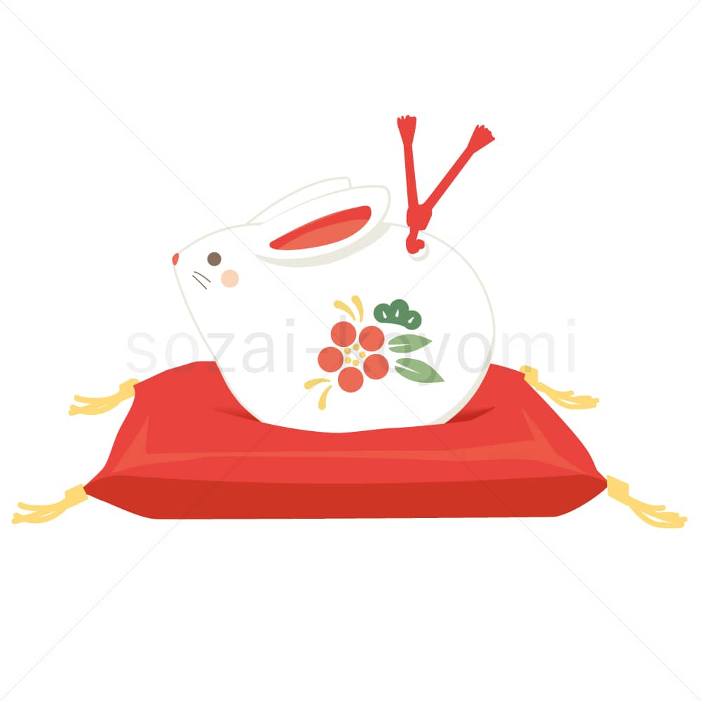 赤座布団に干支の置物(卯)のイラスト素材