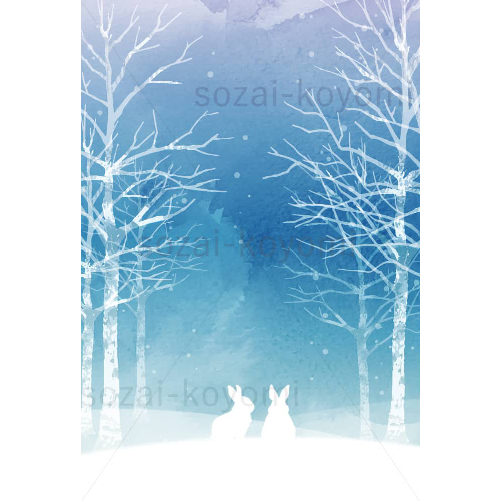 雪の白樺林と二匹のウサギのイラスト素材