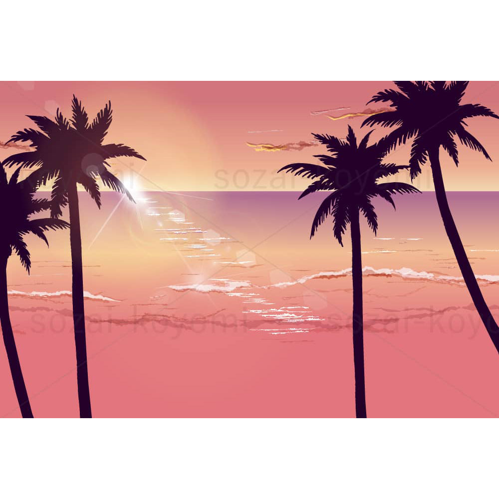 夕暮れの海とヤシのシルエットのイラスト素材