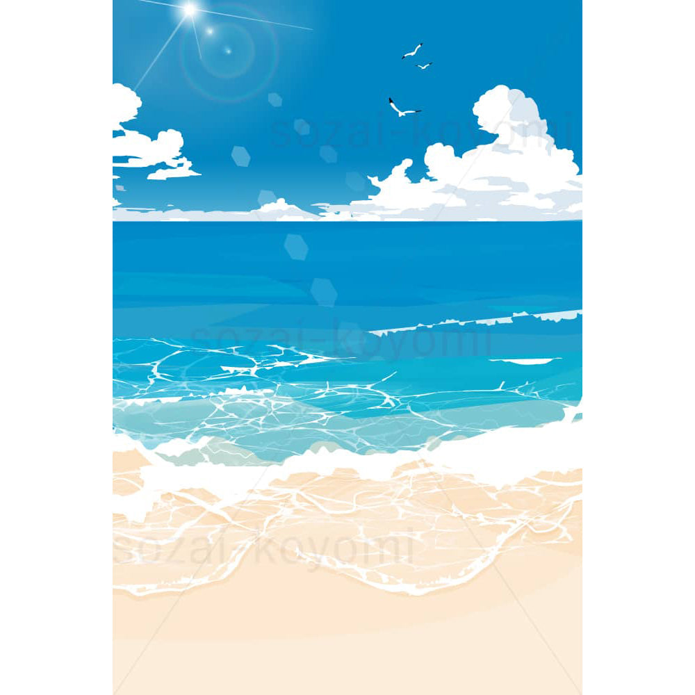 カモメが飛ぶ夏の砂浜と波打ち際のイラスト素材