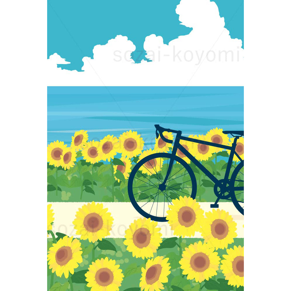海沿いのひまわりの道と自転車のイラスト素材