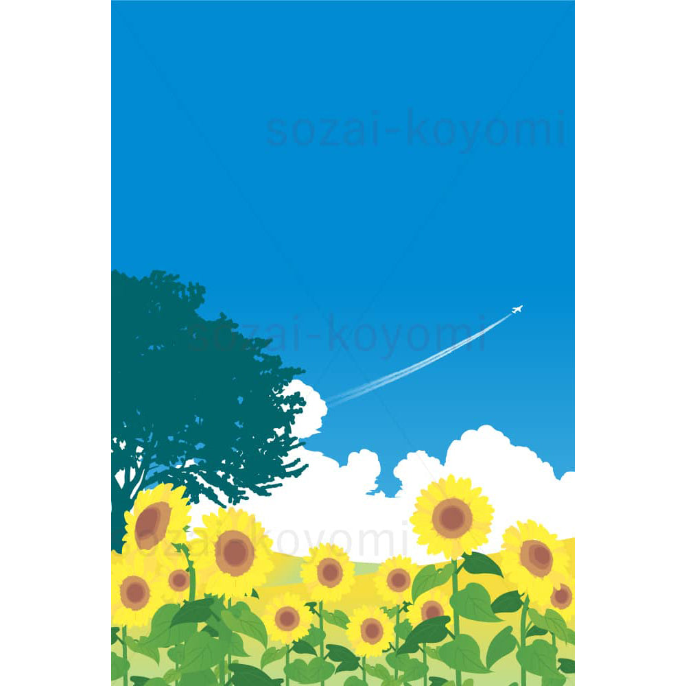 ひまわりの丘と飛行機雲のイラスト素材