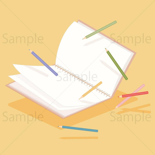 白紙のスケッチブックと色鉛筆のイラスト素材