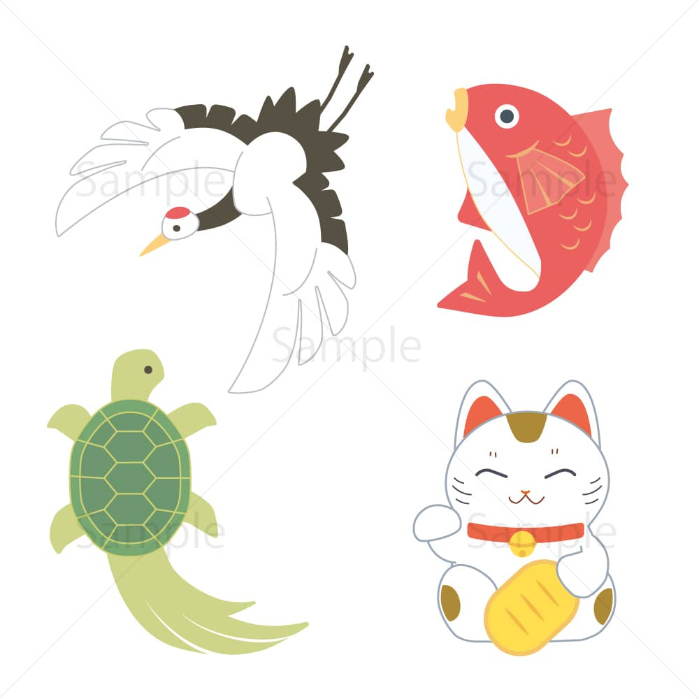 お正月の縁起物セット（動物）のイラスト素材｜素材ごよみ - 季節のイラスト素材販売サイト