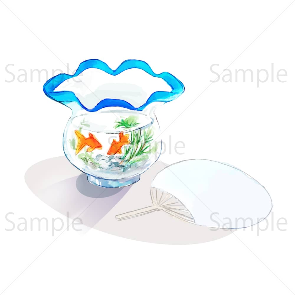 金魚鉢とうちわのイラスト素材｜素材ごよみ - 季節のイラスト素材販売サイト
