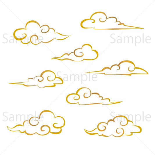 中華風の伝統雲（線・金色）のイラスト素材