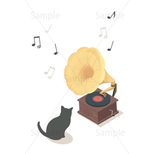 黒猫と蓄音機のイラスト素材