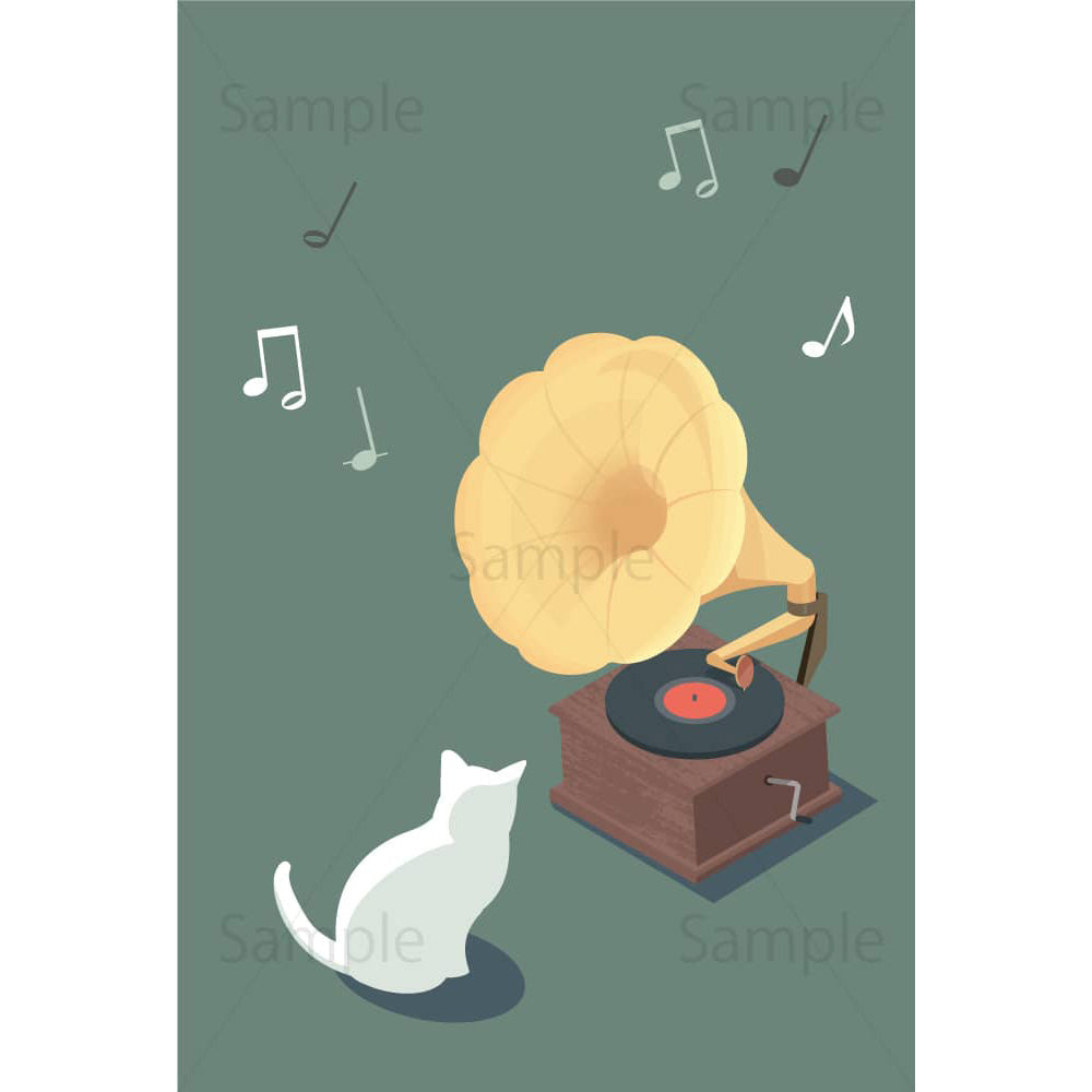 白猫と蓄音機のイラスト素材