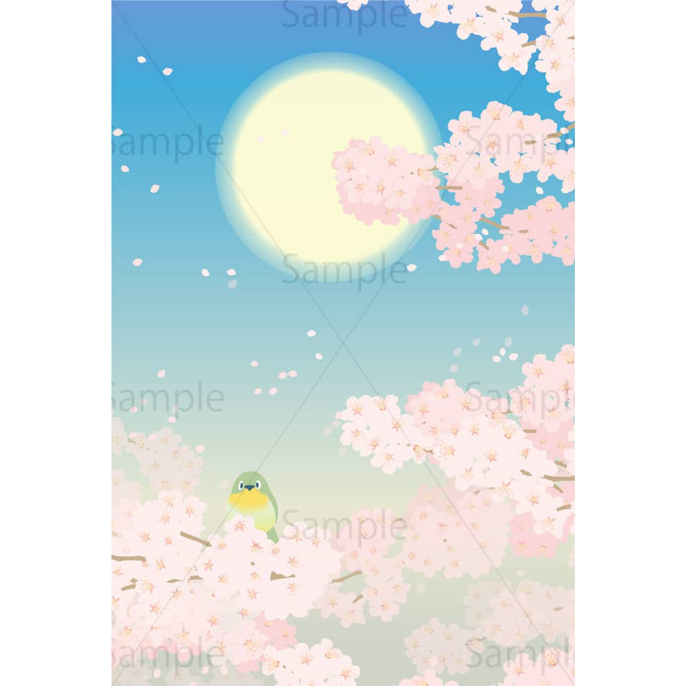 桜とメジロとおぼろ月（縦）のイラスト素材