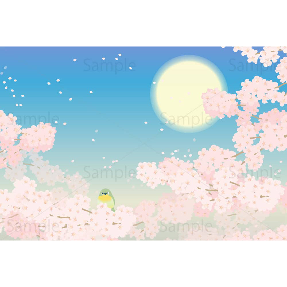 桜とメジロとおぼろ月（横）のイラスト素材