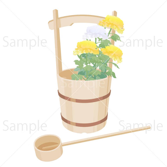 お墓参り、手桶と菊のイラスト素材