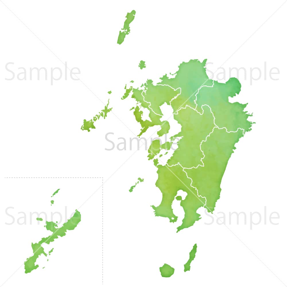 水彩風の地図 九州地方（県境あり）のイラスト素材