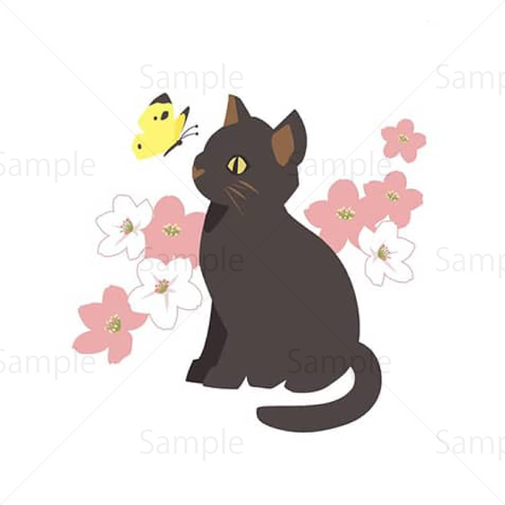 黒猫と蝶と桜のイラスト素材