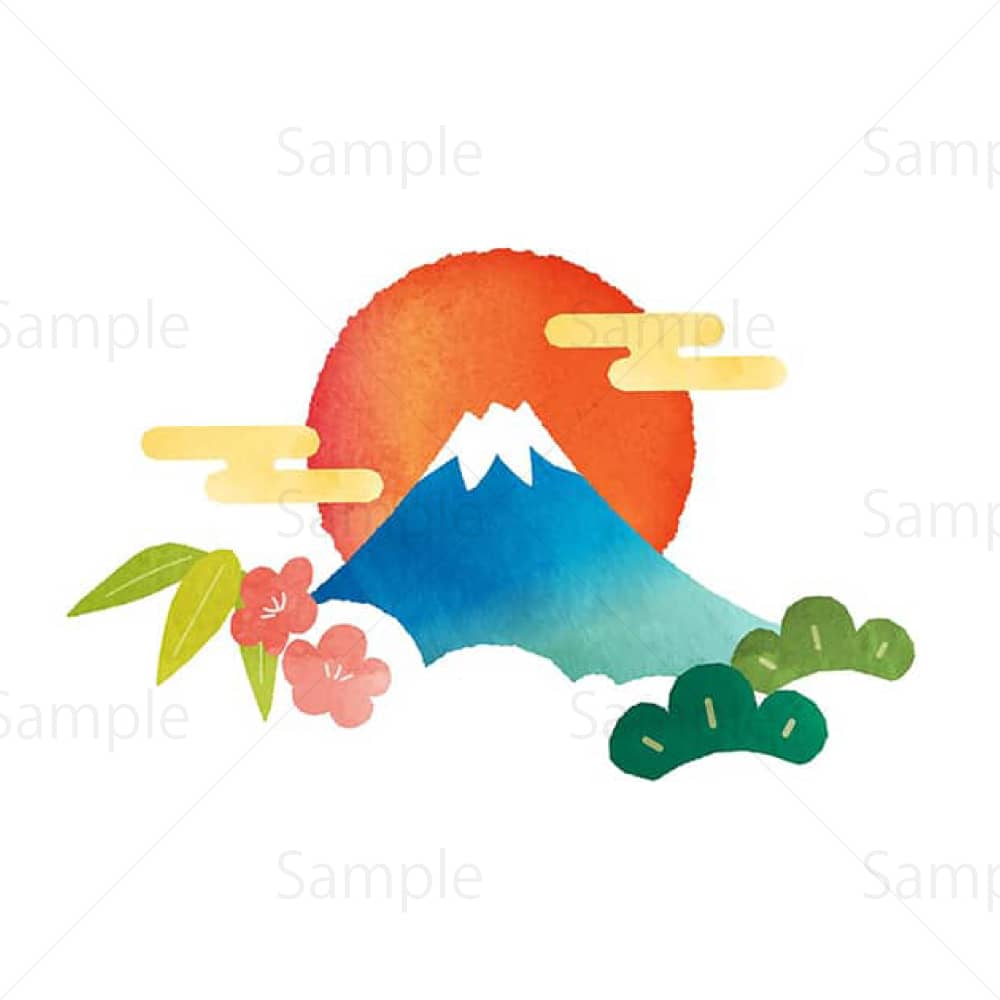 富士山と初日の出（水彩）のイラスト素材