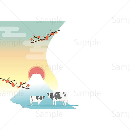 富士山と初日の出と牛の親子のイラスト素材