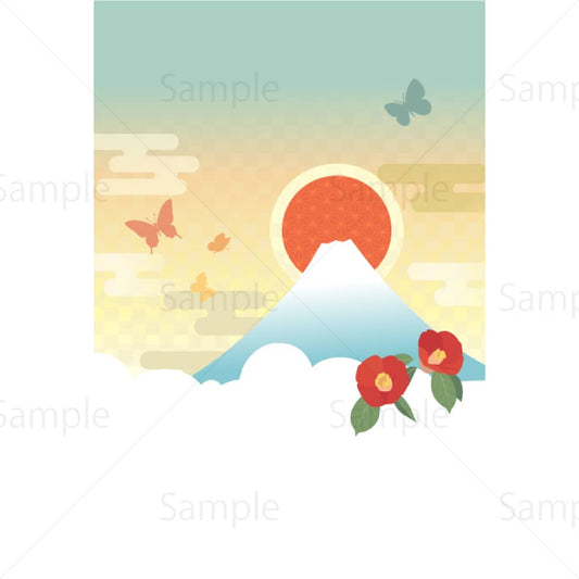 富士と蝶と椿のイラスト素材
