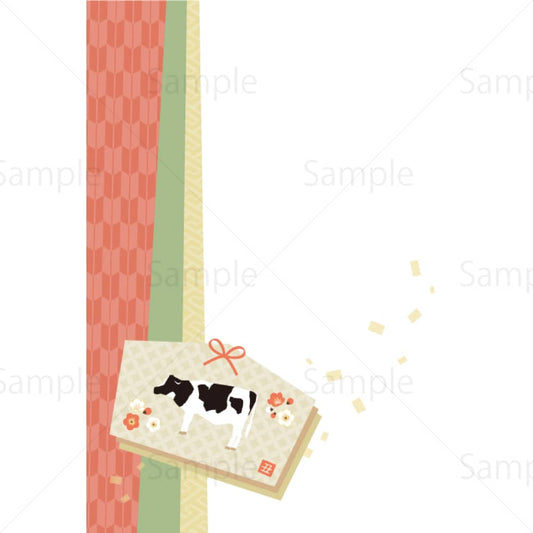 和柄の絵馬と横向きの牛のイラスト素材