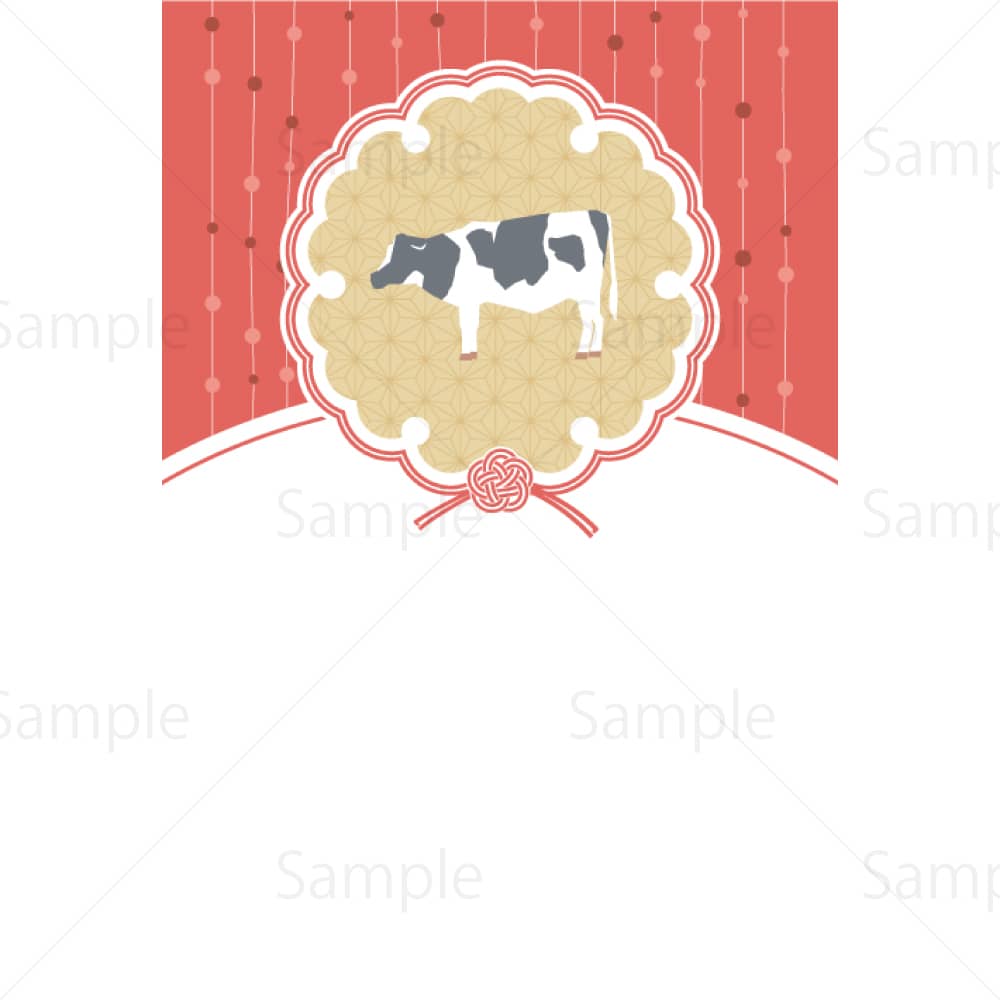雪輪の水引飾りに横向きの牛（赤背景）のイラスト素材