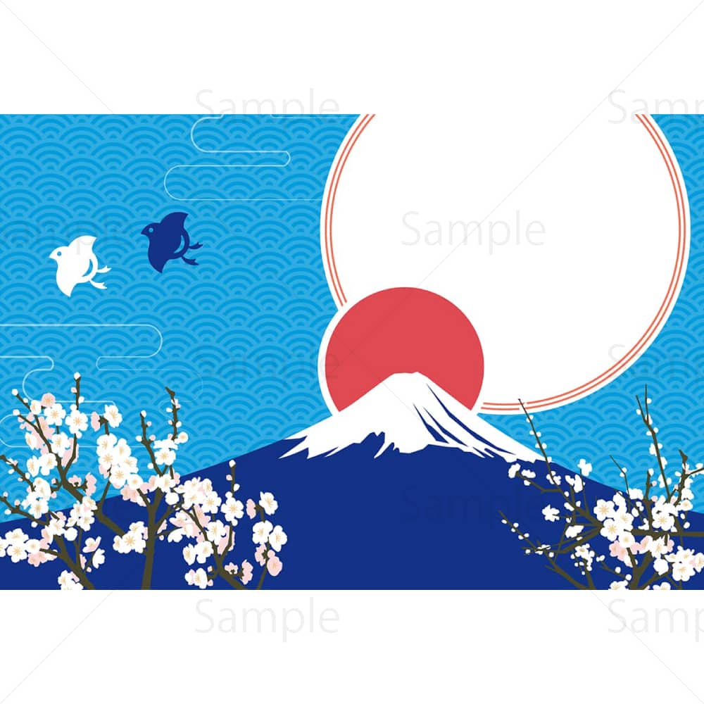 初日の出の富士と白梅（千鳥と青海波）のイラスト素材