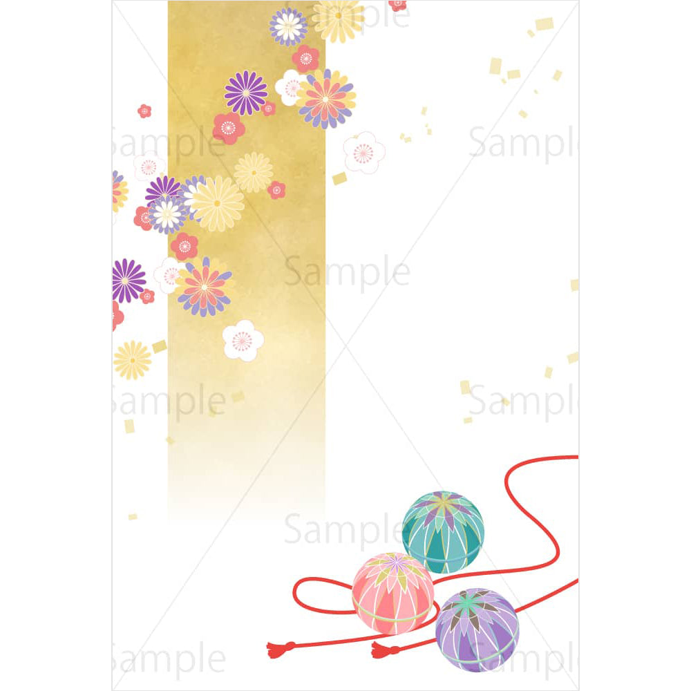 手毬と花（新春のイメージ・金背景）のイラスト素材