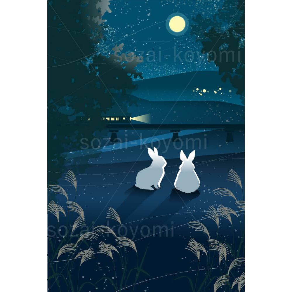 秋の月と二匹のウサギのイラスト素材