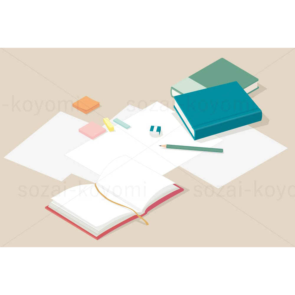 散らばった書類と本（アイディア出しのイメージ）のイラスト素材