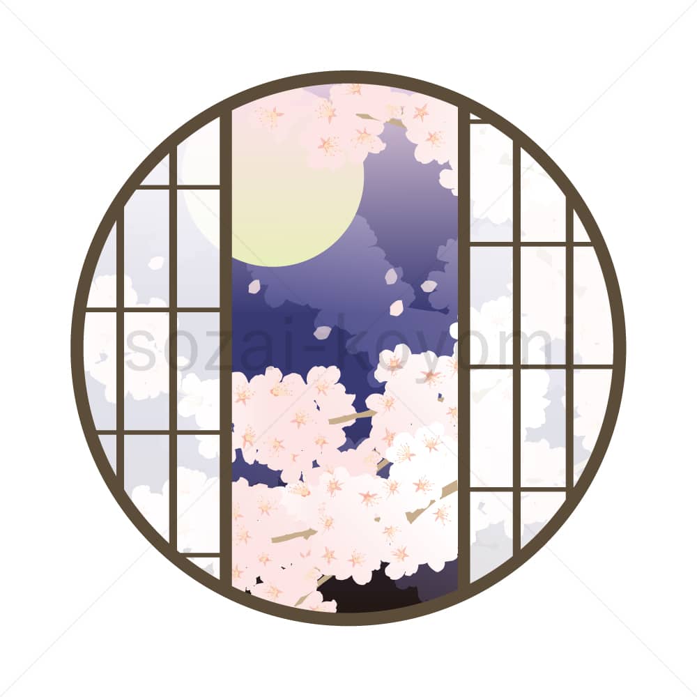 丸窓から覗く夜桜のイラスト素材